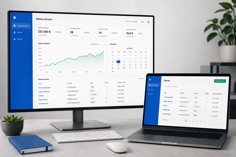 Concept de CRM et tableau de bord sur ordinateur et laptop