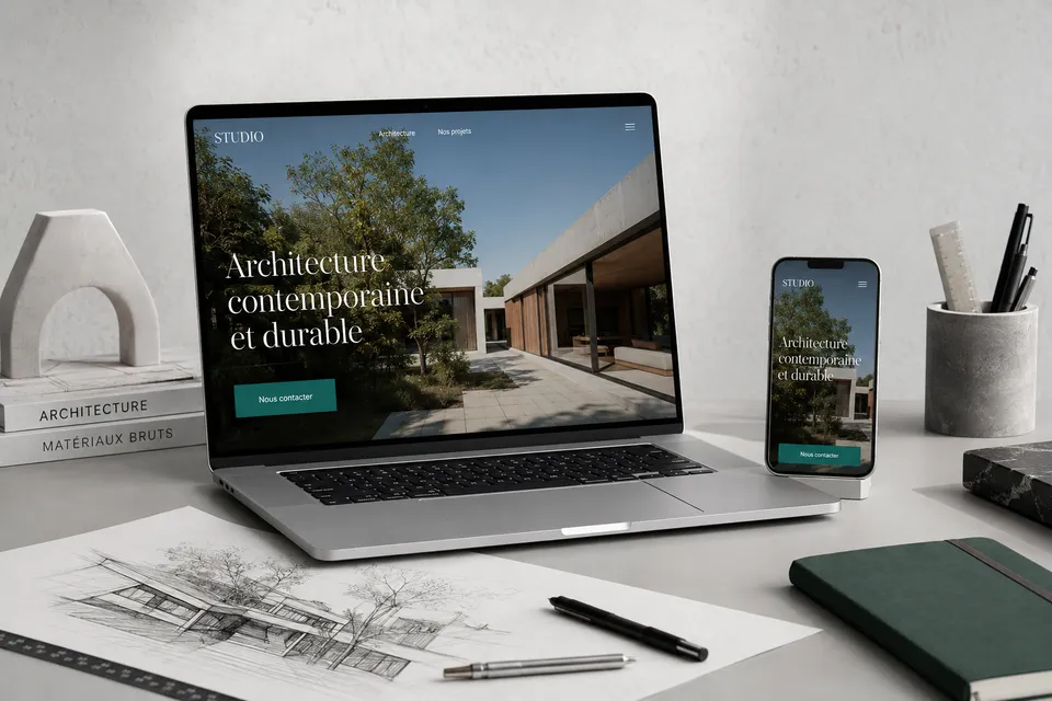 Concept de site d'architecture sur laptop et téléphone