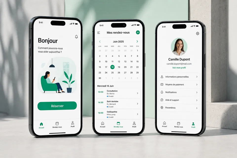 Concept d'application mobile de réservation sur trois smartphones