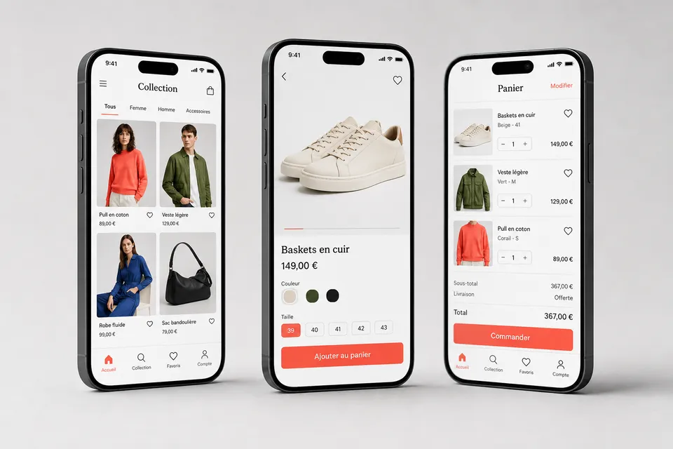 Concept d'application shopping mobile avec catalogue et panier